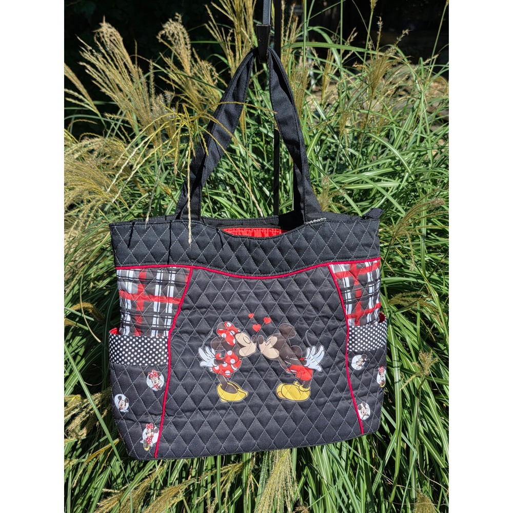Disney Mickey and Minnie Mouse Quilted Tote Bag Black Red Plaid Polka Dot Large